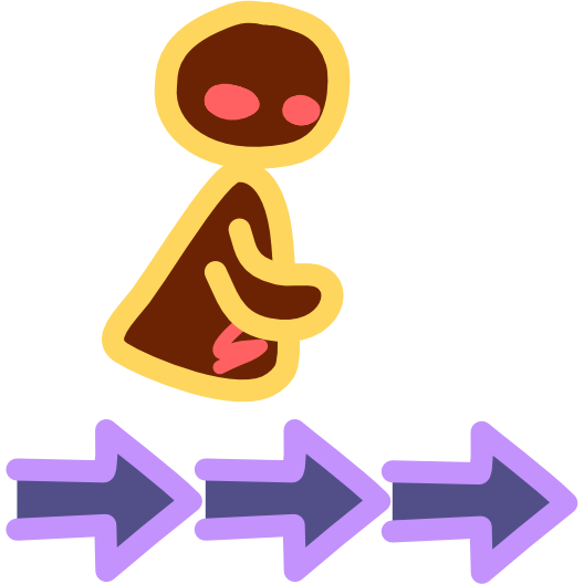 A brown figure with yellow line art is tilted to suggest motion. It sits above a row of 3 purple arrows. The image has light line art.